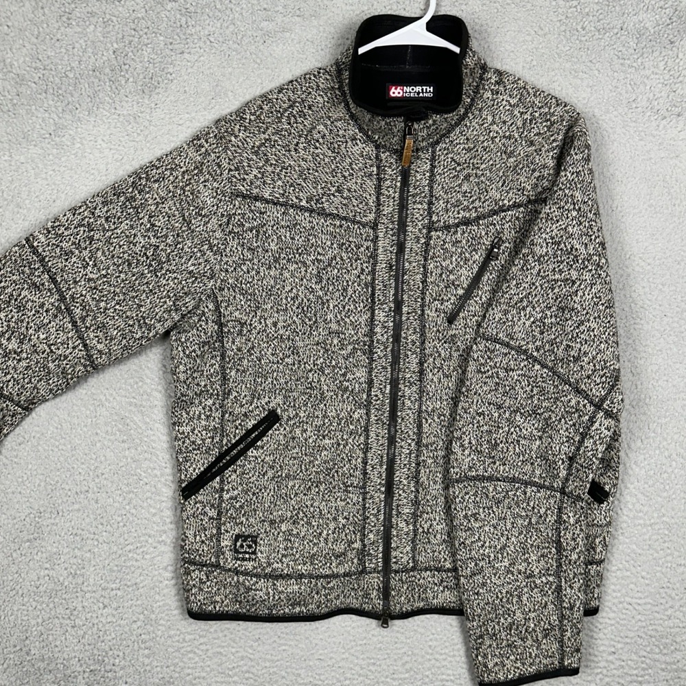 66 North Sweater Jacket Mens XL Kaldi Wool Blend Full Zip Grey Marled Winter EUC